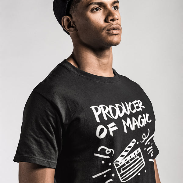 Young Black Man Wearing Creative Producer Themed Men's Shirt by Laughs To Self Streetwear